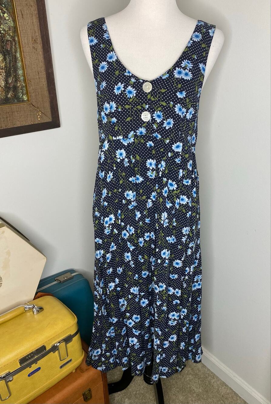 Vintage 90s Joni Blair Floral Midi Dress Blue Daisy Polka Dot Cottagecore